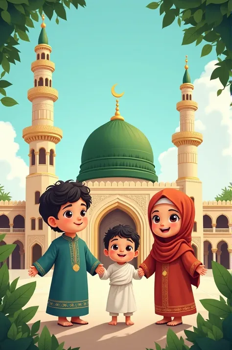 karikatur 4D, anak bayi laki laki, anak umur 2 tahun dan anak umur 6 tahun, memakai baju muslim, latar belakang masjid nabawi
kontas tinggi 
efek warna 
