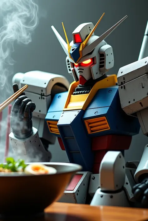 Ramen on the left、Gundam holding chopsticks in his right hand