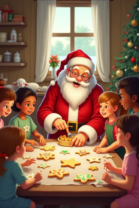 grammma on a farm children of various ethnicities are around a table with Santa Claus teaching them how to make cookies. Children are cutting cookies into star shaped molds, CHRISTMAS TREES, snowman, other children are painting the cookies and others are d...