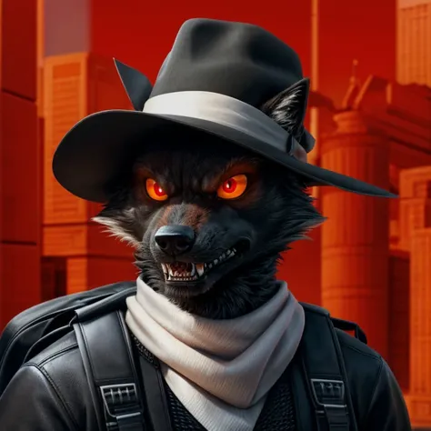 Black furry male anthro wolf, detailed head face, glowing orange eyes with red pupil in the middle and black line in the middleof red pupil, predatory face, angry face, not cartoon eyes, realistic wolf animal predatoty eyes, wearing hat, wearing white scar...