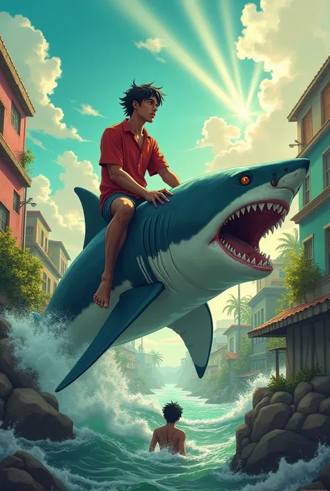 Anime Indian man with black hair with bangs in a red shirt riding on top of a great white shark with a dead person in the shark&#39;s mouth flying in a favela Brazil blue sky vintage rays of light 