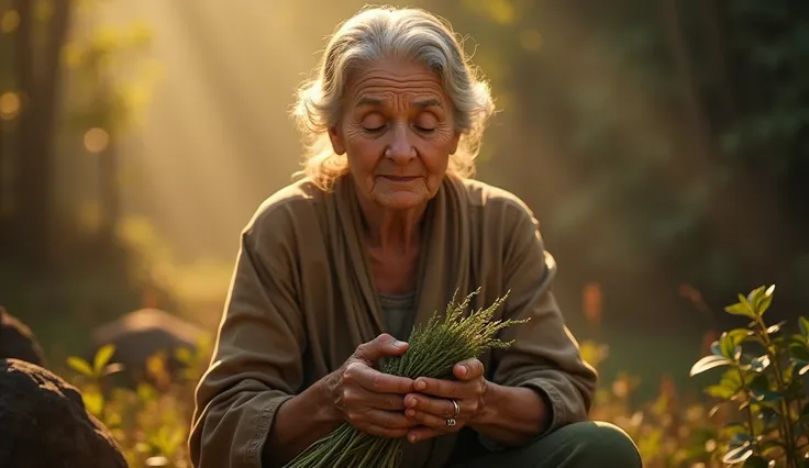 Create an ultra-realistic image of an elderly woman, exuding calm and security, lowering a bundle of herbs after a blessing. His face shows relief and confidence.. The scene must convey peace, as if the blessing had been successfully completed. Ao fundo, a...