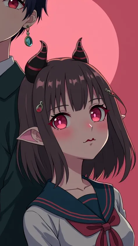 1 girl, 1 boy, horns, school uniform, pointed ears, wings, earrings, serafuku, jewelry, white background, upper body, red eyes, demon wings, demon horns, boy demon, simple background, back to back, pink eyes, split lips, black serafuku, brown hair, girl de...