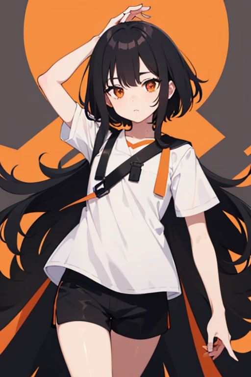  with black hair with orange tips wearing a short white blouse and short black shorts 