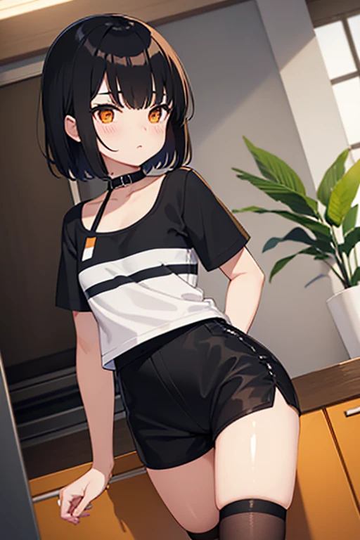  with black hair with orange tips wearing a short white blouse and short black shorts 