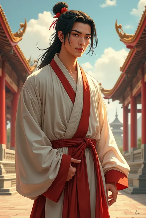 Art drawing of a handsome young man wearing ancient Vietnamese clothing with long hair tied in a half bun with a few strands of bangs left, standing leaning to the left with the palace scene and looking up at the sunny sky
