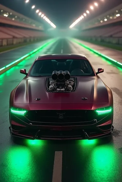 Create a fully tuned car, modded, in matte wine color with green neon light underneath A perfect car for drag racing I want to be able to see it from the front, he has to be on a clandestine track 