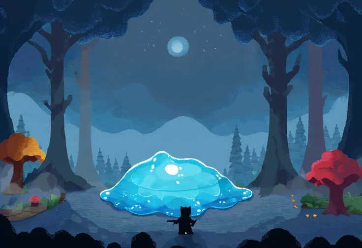 Cute light blue slime, Water shape,A translucent slime sitting on the ground, Transparent slime, Dungeons, fog, In the forest, Dark Sky, Game Style, Picture book style, watercolor, Fighting, Pixel art, colorful, Slime is crying, Wide-angle shot, moonlight