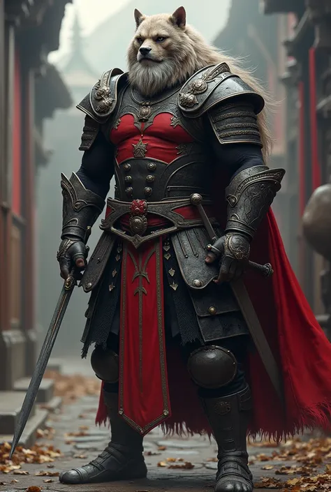 Make an image of a guardian Beast in medieval times 1,85 tall, about 85kg and about 3 with a black and red outfit that makes him agile when moving and let him hold two swords and make him have an athletic physique, leave him with a serious face and a brave...