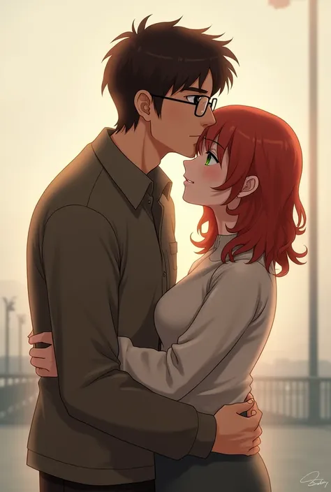 White man with dark brown hair and wearing glasses with dark eyes, tall man hugging and kissing the forehead of a short, red-haired, medium-length woman with glasses and green eyes