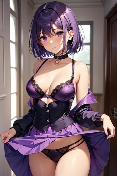 purple satin bra,purple satin panties,Dark Skin,up skirt,silver short hair