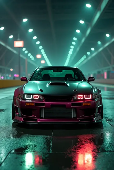 Create a fully tuned car, modded, in matte wine color with green neon light underneath A perfect car for drag racing I want to be able to see it from the front, he has to be on a clandestine track The car is a nissan Silvia 