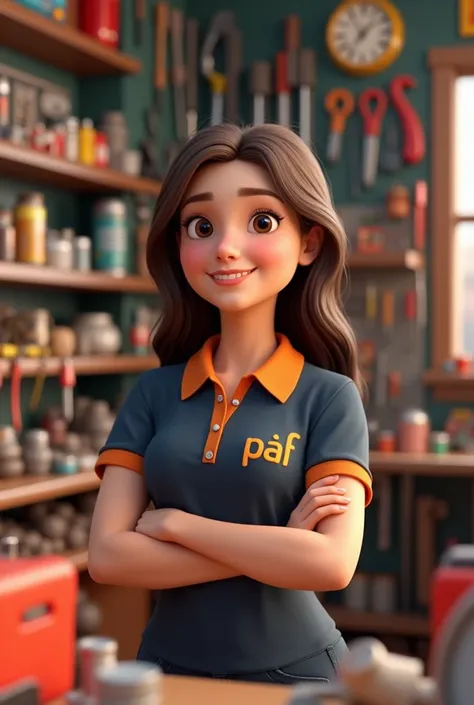 create a 3d pixar style character capturing a scene of a tool store with lots of tools in the scene. In it we have our character a woman, clear with straight brown hair loose over the shoulder with a dark blue blouse with an orange polo collar without butt...