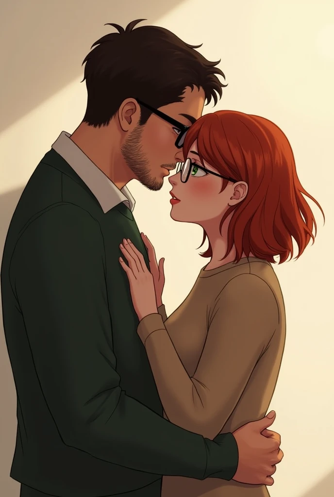 White man with dark brown hair and wearing glasses with dark eyes, tall man hugging and kissing the forehead of a short, red-haired, medium-length woman with glasses and green eyes