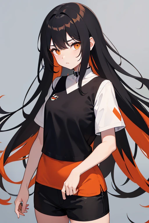  straight hair in black colors with orange tips.
 wearing a short white blouse and short black shorts 