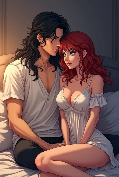 Make a manhua style image of a man with long black hair, light blue eyes wearing nightwear, . He is sitting on a bed with his girlfriend sitting on his lap a woman with curly red hair, greeneyes, seducing gaze, wearing a nightgown 