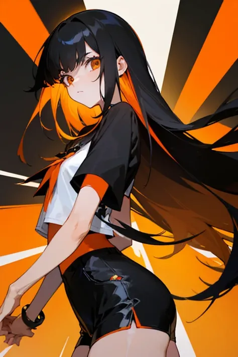  straight hair in black colors with orange tips.
 wearing a short white blouse and short black shorts 