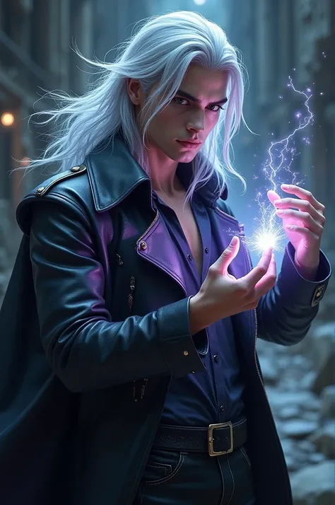 a young man with white silver long hair wearing a black purple-ish long leather coat with electric powers