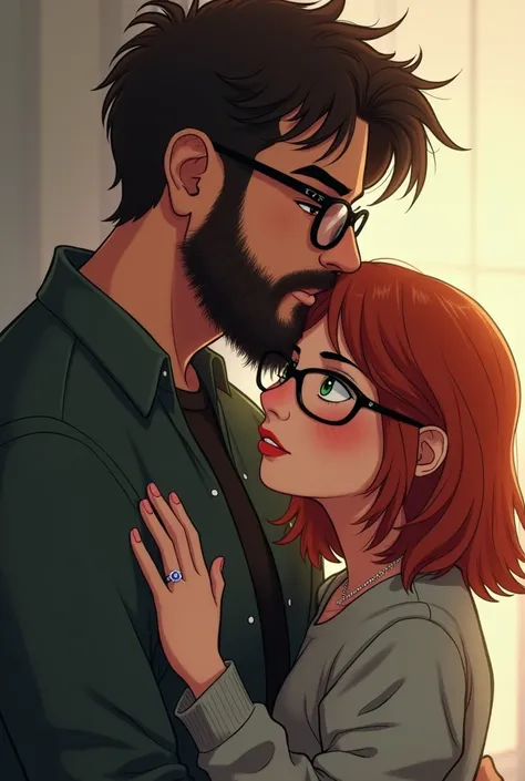 White man with dark brown hair and wearing glasses with dark eyes, scruffy beard, tall man hugging and kissing the forehead of a short, red-haired, medium-length woman with glasses and green eyes