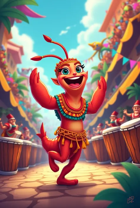 I need a design that has a shrimp cartoon, that unites the recreation of the Barranquilla carnival like the drums