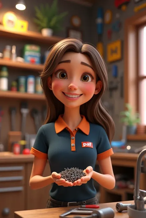 create a 3d pixar style character capturing a scene of a tool store with lots of tools in the scene. In it we have our character a woman, clear with straight brown hair loose over her shoulder with a dark blue blouse with an orange polo collar with the bra...