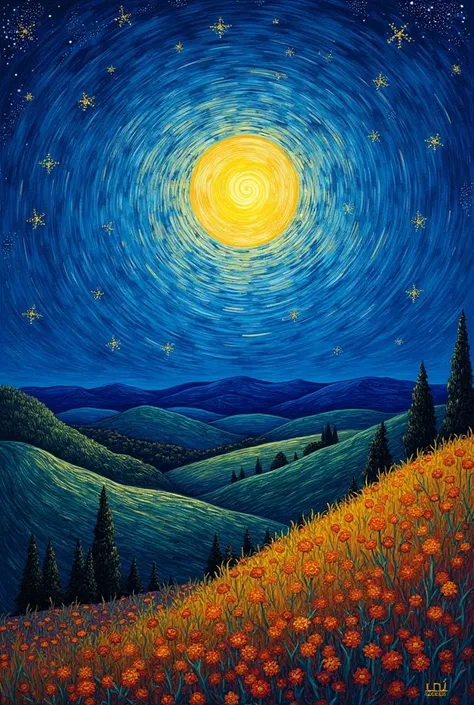 Van Gogh style night view with moon