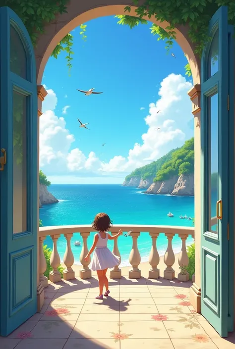 Create an image related to the following text: Wonderful dream: One night I was sleeping and I dreamed that I was on a balcony where I was surrounded by beautiful landscapes, among which was the sea, a blue sky, there were birds flying and a very beautiful...