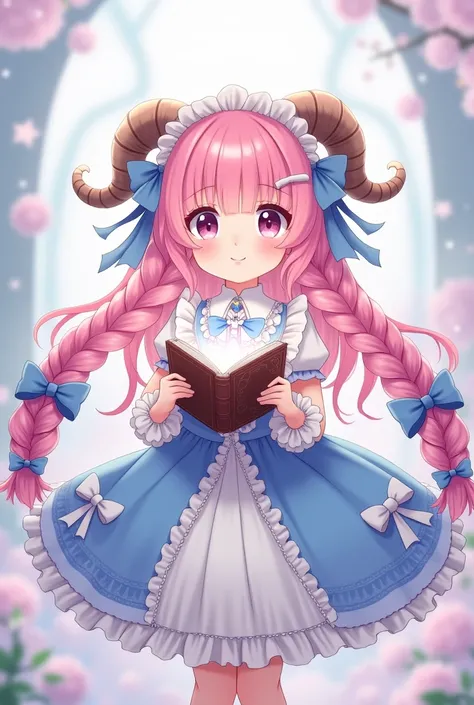 A cute anime-style character with pastel colors, long braided pink hair, wearing a blue and white dress with bows. The character has sheep-like horns and is holding a magical book that glows. The outfit is detailed with frills and ribbons, creating a magic...