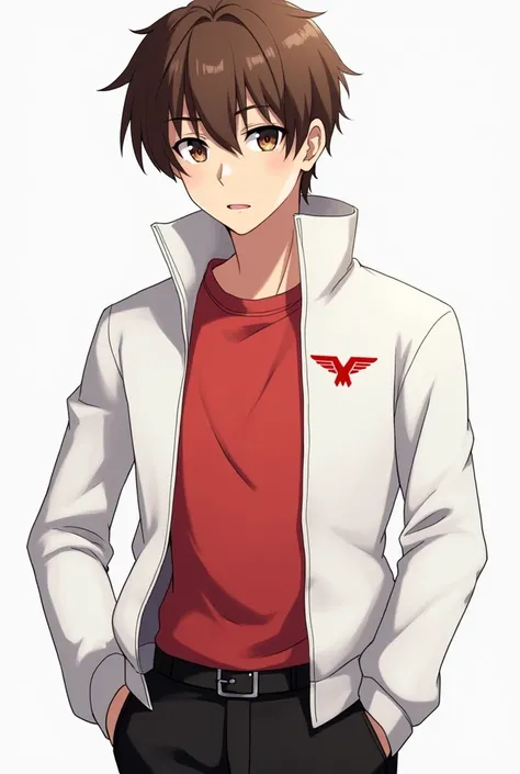 Japanese anime style art: Young man, wears a red shirt underneath a white jacket that has a red wing symbol on the chest, wears black dress pants and brown hair, His eyes are dark brown, almost reddish, with a determined look and his expression of someone ...