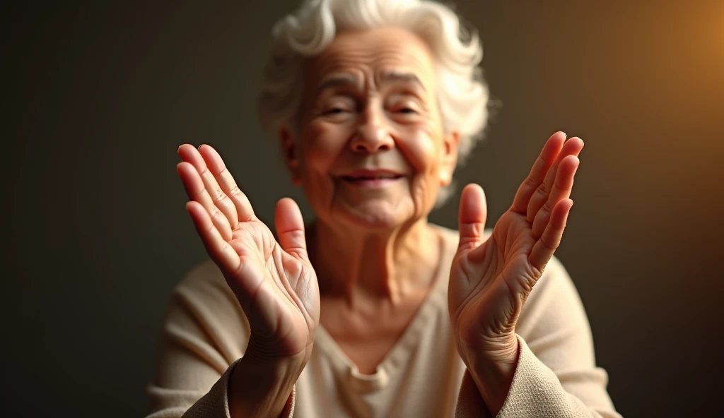 Create an ultra-realistic image of an elderly woman, exuding calm and security, both hands raised with 5 fingers looking straight ahead. His face shows relief and confidence.. The scene must convey peace, as if the blessing had been successfully completed....