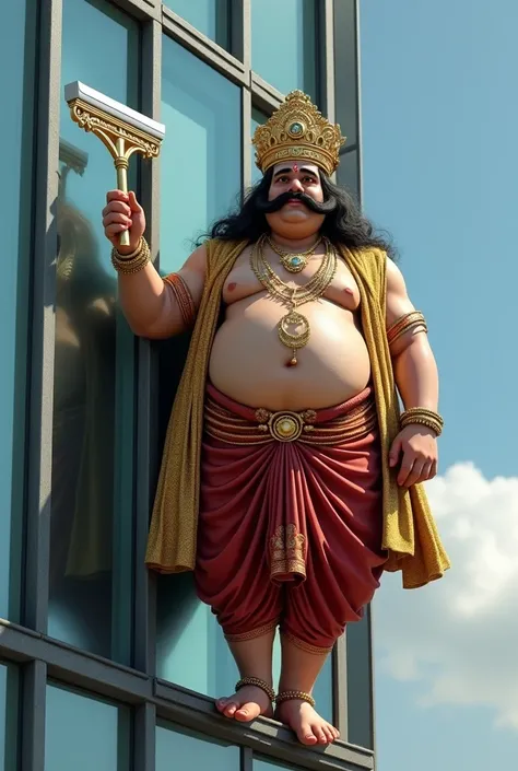 (photorealism:1.2), chubby king,with black long hair,with moustache,no beard ,gold and big hindu royalty crown ,no shirt,shol on the shoulder,and red and gold gouri pant, cleaning High rise building, outside window squeegee