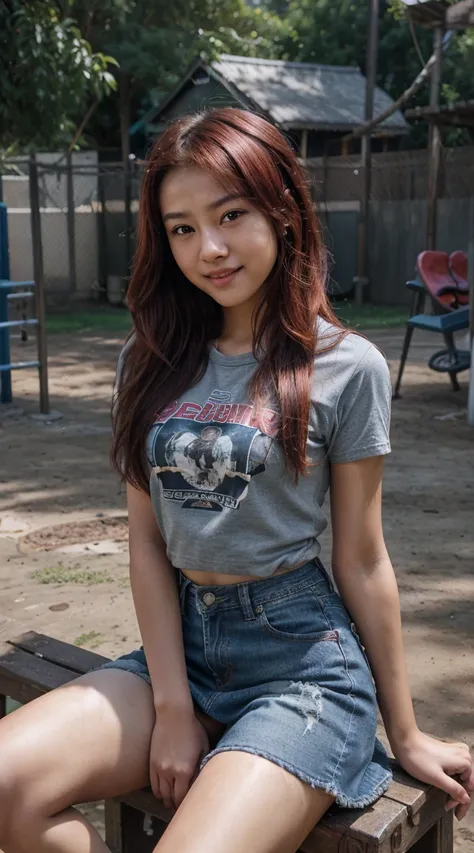 2teenage 5 girl, mongoloid, asian, dark_skin, red hair, random hair styles, random shirt, denim skirt,Smilling, sitting and standing poses, playground with printing "PCS" background, blurry background, natural lighting