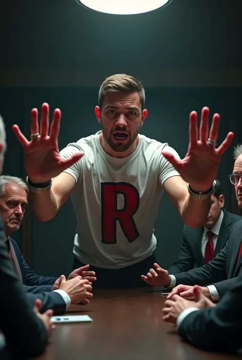 young man with short, thin goatee standing wearing ring/groom&#39;s ring on the ring finger on the right hand and silver watch on the left wrist and both hands visible and with the letter R big on his shirt and he is furious screaming and looking directly ...