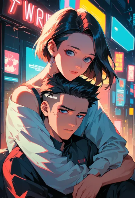 heterosexual couple:1.5, a young man a young woman cyberpunk hugging looking at the camera, anime manga style:1.5, cyber computi...