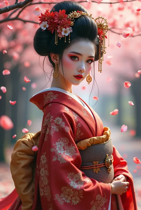 Full body image of a geisha girl in a beautiful Steampunk flowing kimono. Cherry blossom petals falling down in the background. Digital art. Realistic 4K resolution.