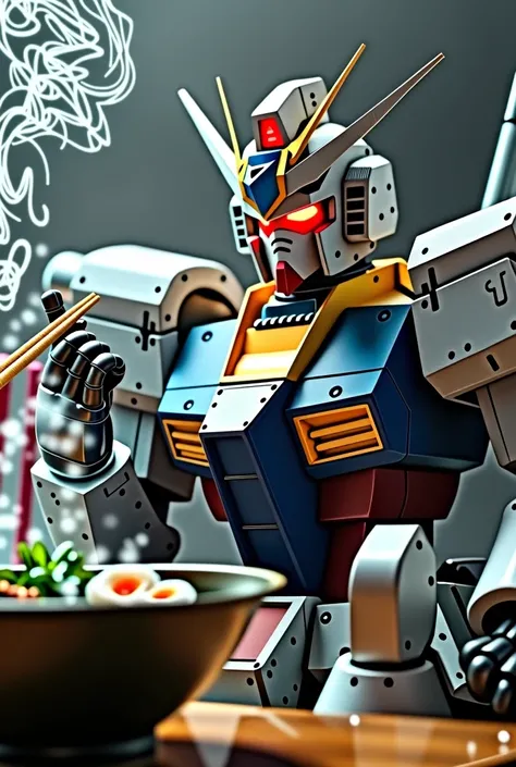 Ramen on the left、Gundam holding chopsticks in his right hand