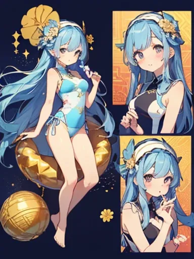 ((2D Beautiful Girl、Highest quality：1.1、Perfect Fingers:1.2、Perfect Anatomy:1.2、Perfect outfit、Perfect Face：1.1、Beautiful illustrations】))、(Transformation sequence)、((cute decorative headbands、white, blue and gold cheongsam swimwear：1.1)、14 years、Solio、pri...