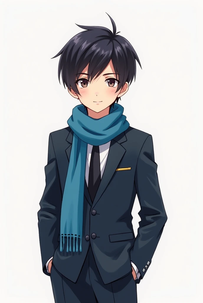 non-effeminate teenager with short hair in a suit and a blueish scarf with a 2D animation style painted with watercolor or crayons, with an indifferent face (that is not 3d)