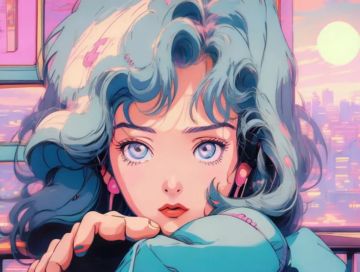 (80s, retro, city pop poster:1.5), (album cover), (masterpiece, best quality, Highest quality), (anime, illustration), (pastel colors:1.4), best photo pose, dynamic angle, solo girl, perfect detail eyes, 
Retro arcade anime girl, Anime atmosphere of the 80...