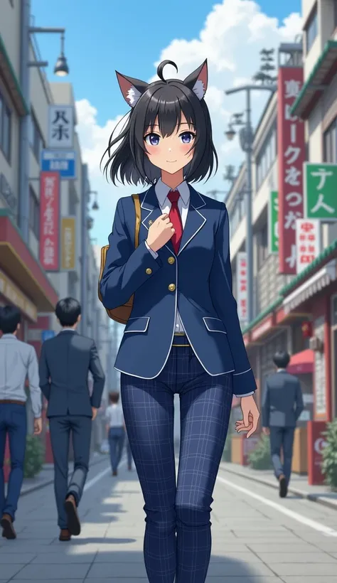 A neutral high school student with cat ears, medium-long hair, a blue blazer with piping, and blue tartan checked pants, walking to school、In the streets of Japan