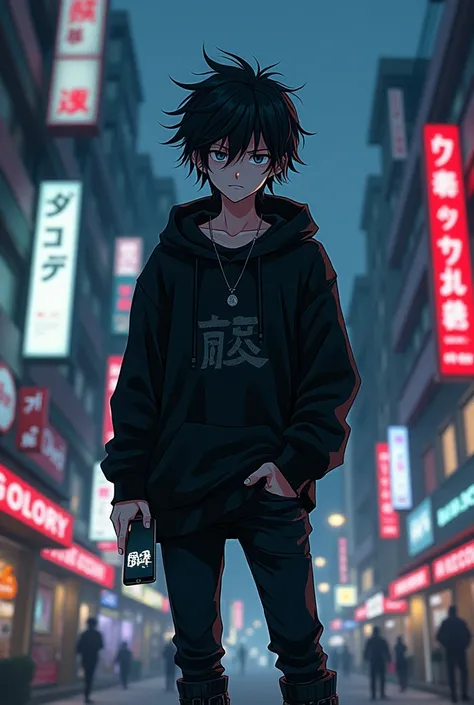 Japanese emo boy teenage anime with cellphone in hand  