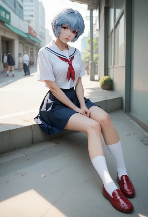 Rei Ayanami, blue hair, short hair, innocent look, Tokyo High School Uniform-3, medium breasts, White socks, Red shoes.