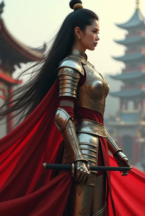 Create a high-resolution, hyper-detailed 3D rendering of an Asian female knight in ornate armor. The armor should feature intricate detailing, highlighted by a flowing red cape that adds dynamic movement. Position her in a poised stance that conveys readin...