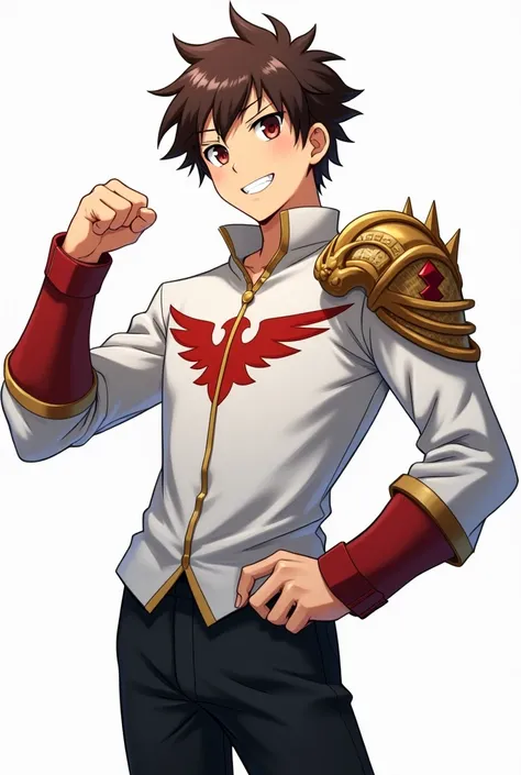 Arte estilo anime japanese anime style art: Young man, wears a white jacket that has a red wing symbol on the chest, wears black dress pants and brown hair, your eyes are dark brown almost reddish, with a determined look, brave expression and a confident s...