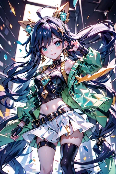 kda,, ultra detailed, masterpiece, best quality, aesthetic, detailed,, solo, smile, 1girl, aqua eyes, black hair, low ponytail, ahoge, absurdly long hair, very long hair, hair flaps, hair between eyes, bangs, messy hair, small breasts, goggles on head,, ho...