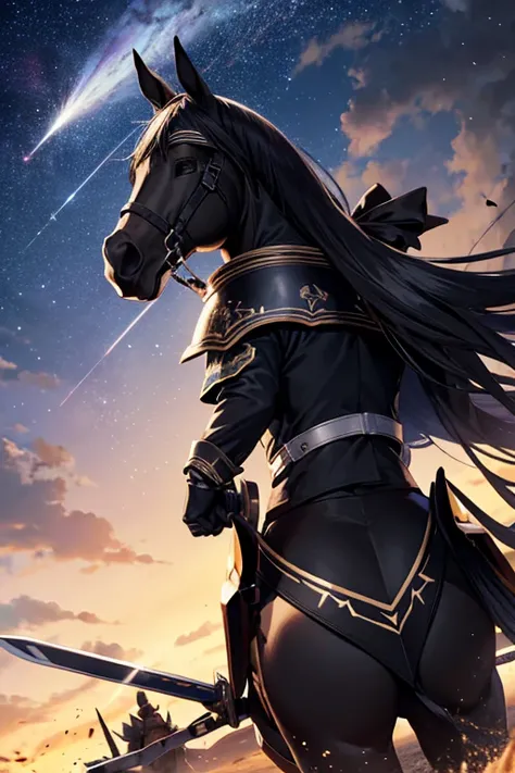 Meteor shower starry sky　Two-legged jet black horseman　Armor equipment　Sword and shield equipment　Jet Black Thoroughbred　Black horse face　The face is a horse　