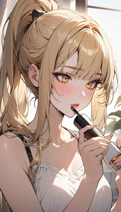 Highest quality　masterpiece　High resolution　Long blonde hair　　ponytail　Character Portrait　Yellow Eyes　Pale pink lips　F Cup　Fluffy body　indoor　morning　Applying makeup