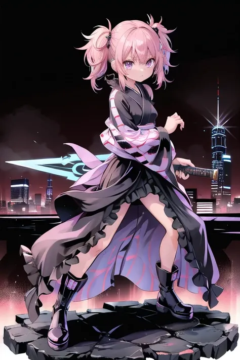 A petite girl with a Western look and beautiful features.　Serious expression　Pink hair in twin tails　He is holding his sword in a low stance.　Black yukata with black frills　Dark brown boots　The background is a cyberpunk cityscape