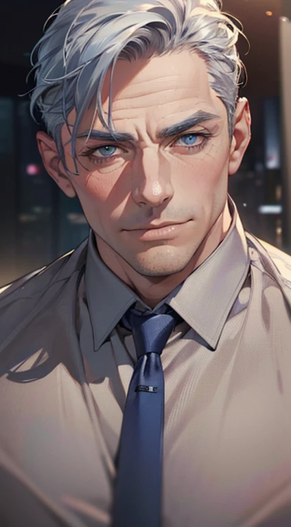 (best quality,4k,8k,highres,masterpiece:1.2),ultra-detailed,(realistic,photorealistic,photo-realistic:1.37),1 man,3,mature man,very handsome,without expression,smile,short grey blue hair,blue eyes,penetrating gaze,perfect face without errors,imposing postu...