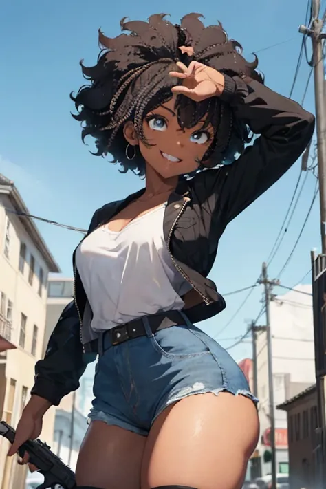 1 female, afro hair, black afro hair black girl afro hair, darker skin, brown skin, light blue eyes, cowgirl clothes, jacket, short short, boots, with the gun, bang bang, both hands, standing, sexy pose, butt, smile